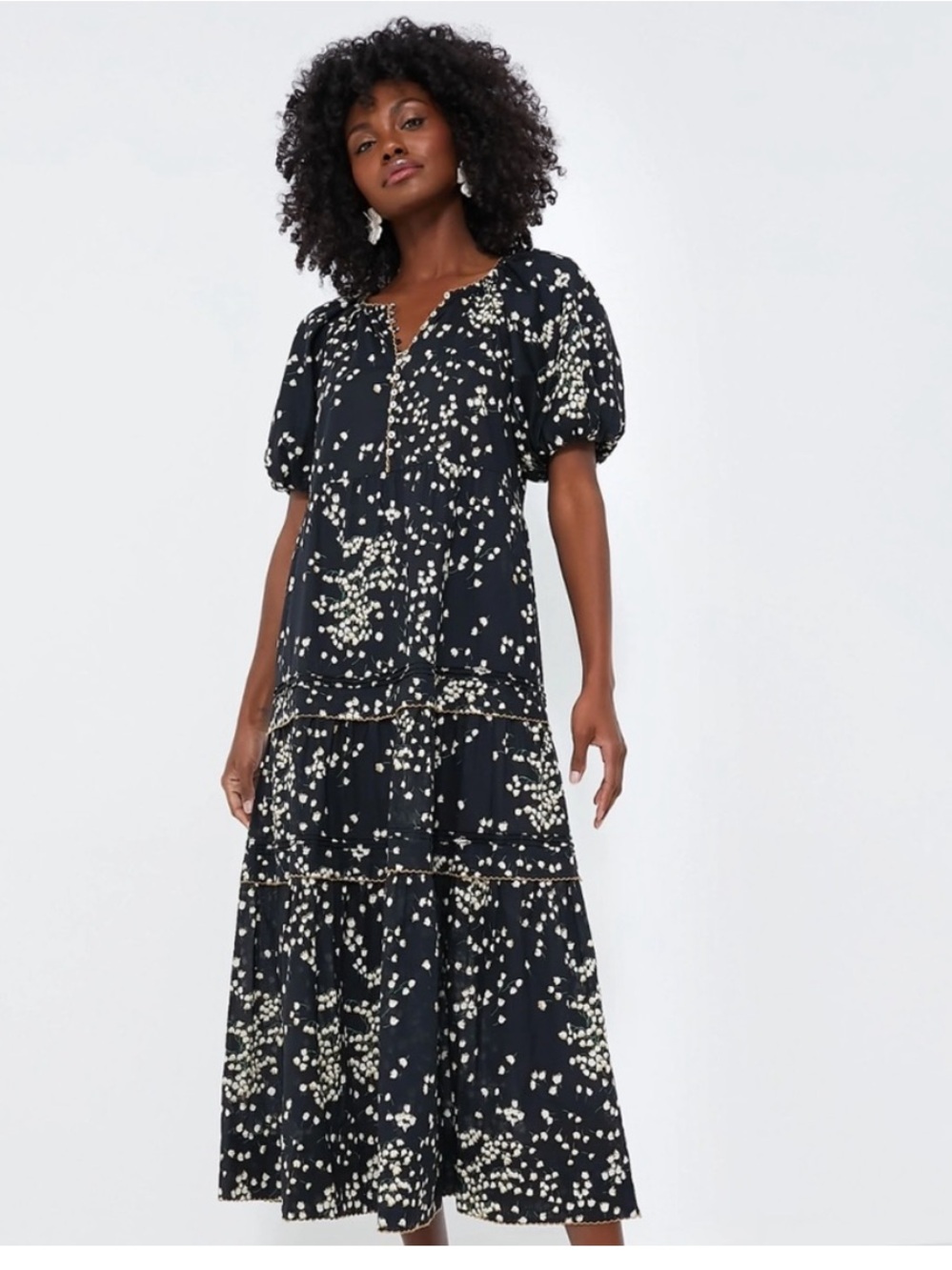 NEW Tuckernuck Mimi Tossed Floral Midi Dress in Black, Size L
